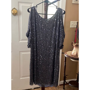 AIDAN MATTOX GUNMETAL BEADED AND SEQUINED COCKTAIL DRESS SIZE 14